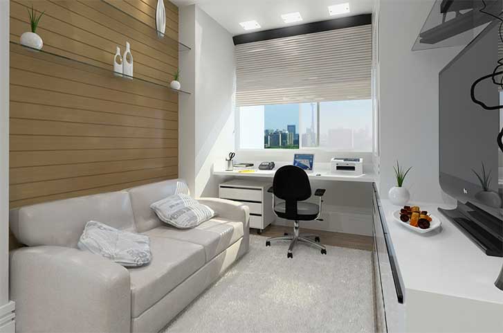 Puff branco e estiloso no centro de um escritório em casa bem iluminado, demonstrando sua funcionalidade e estética.