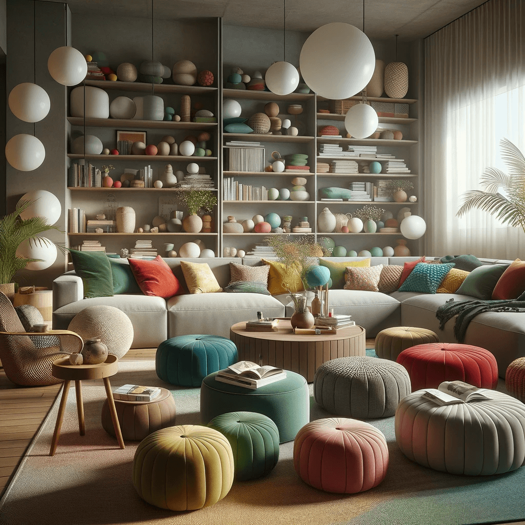 puffs em decoração de interiores:Sala de estar com puffs coloridos integrados na decoração.